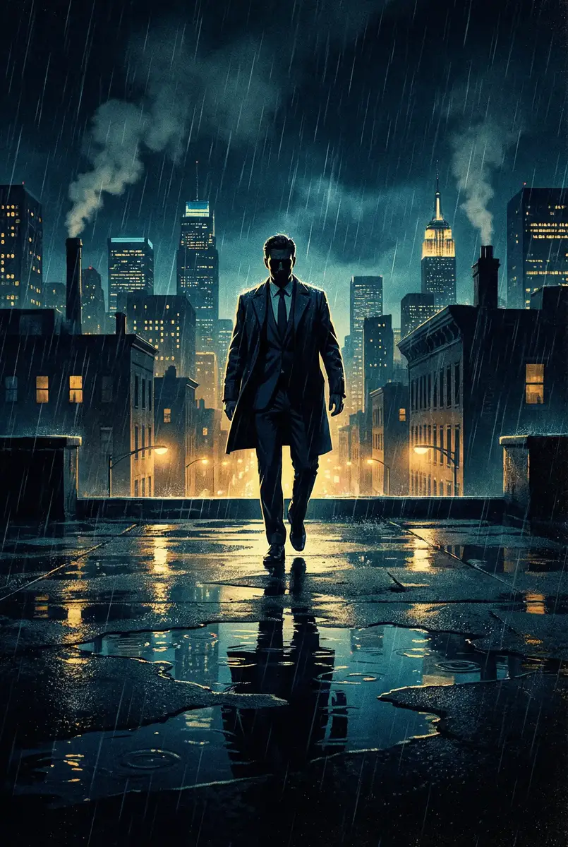 烽火铁骑全集 出品影片《雨夜独行者》海报，雨中城市屋顶男性剪影